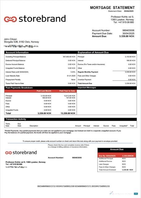 Download Norway Storebrand Bank mortgage statement Word and PDF template Photoshop template